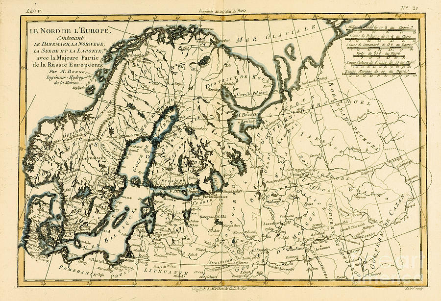 Map Drawing - Map of Northern Europe, including Denmark, Norway, Sweden and Lapland, with most of West Russia by Guillaume Raynal