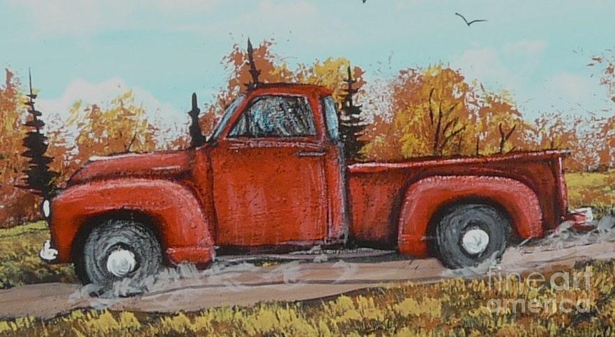 Old Red Truck Going Down The Road Painting by Bobbylee Farrier