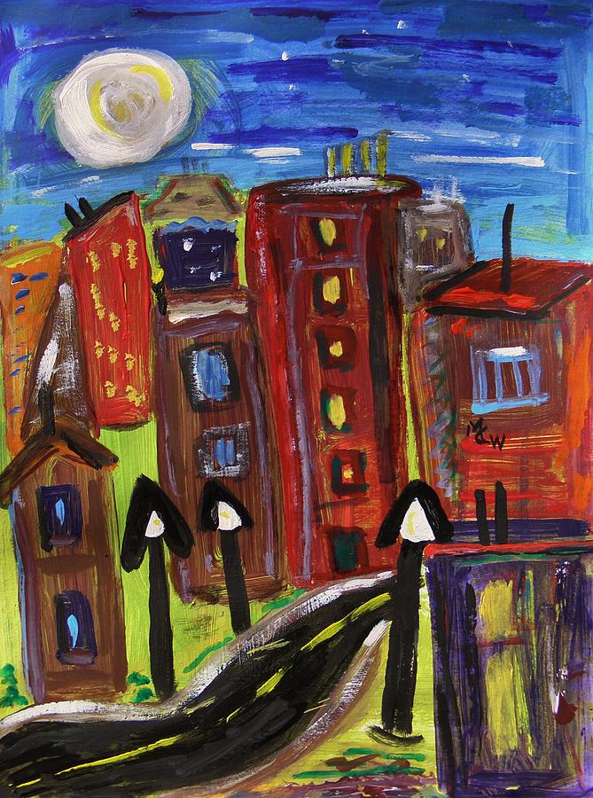 Old Town with a Midnight Moon Painting by Mary Carol Williams