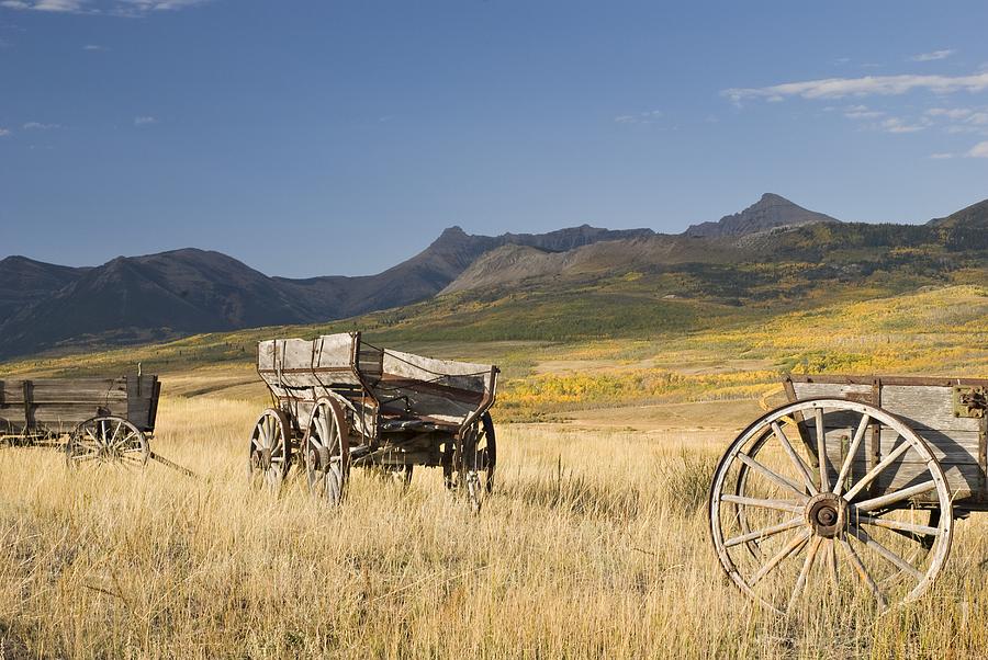 Landscape Photograph - Old Wagons, Foothills, Alberta, Canada by Philippe Widling
