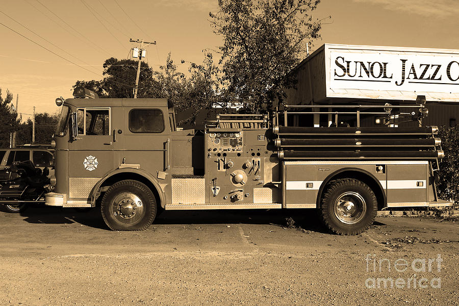 Old Whitney Seagrave Fire Engine At The Sunol Jazz Cafe In Sunol California . 7D10785 . sepia Photograph by Wingsdomain Art and Photography