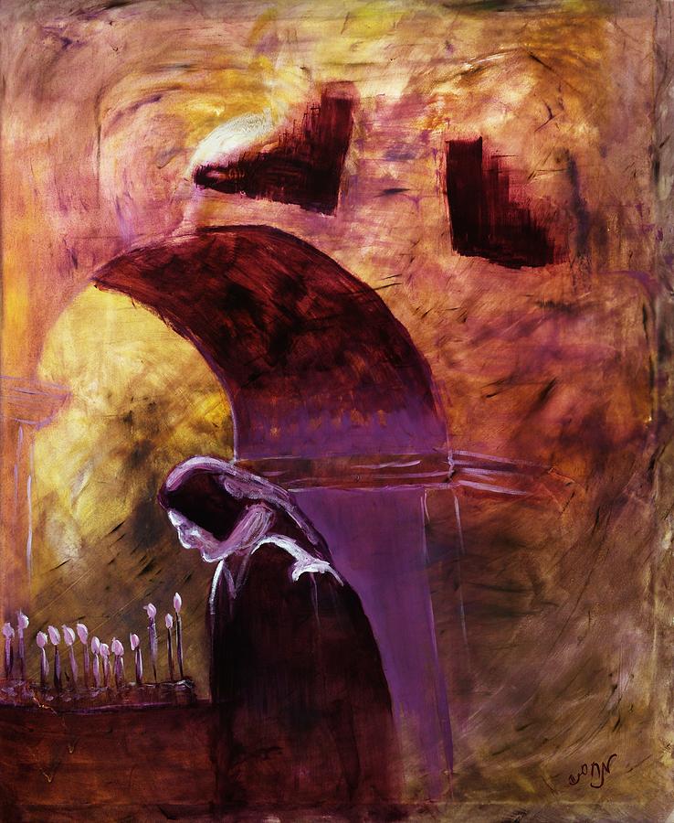 Old Woman Lighting Candles in Cathedral in Purple and Yellow  Painting by MendyZ M Zimmerman