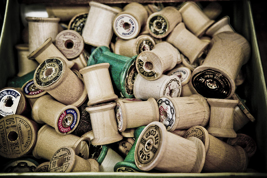 Vintage Photograph - Old Wooden Thread Spools by Marilyn Hunt