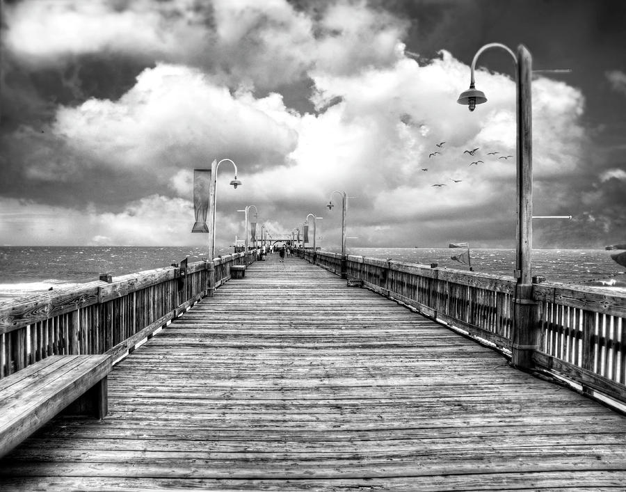 On the Pier at Tybee-BW Photograph by Tammy Wetzel