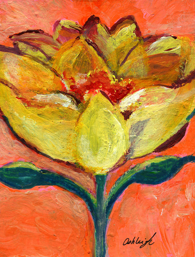 One Yellow Flower and Pinky Peach Behind Painting by Ashleigh Dyan Bayer