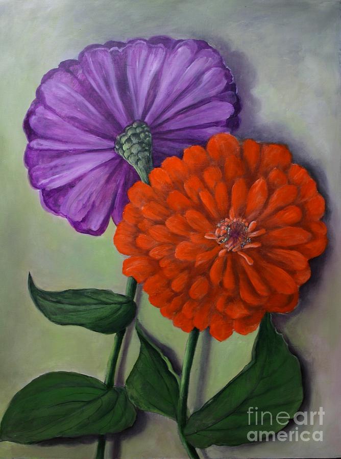 Orange and Violet Zinnias Painting by Rand Burns