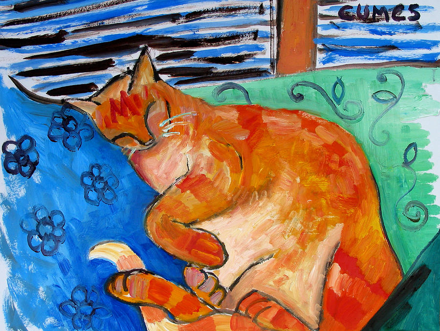 Orange Cat On Couch Painting by Paul Cumes