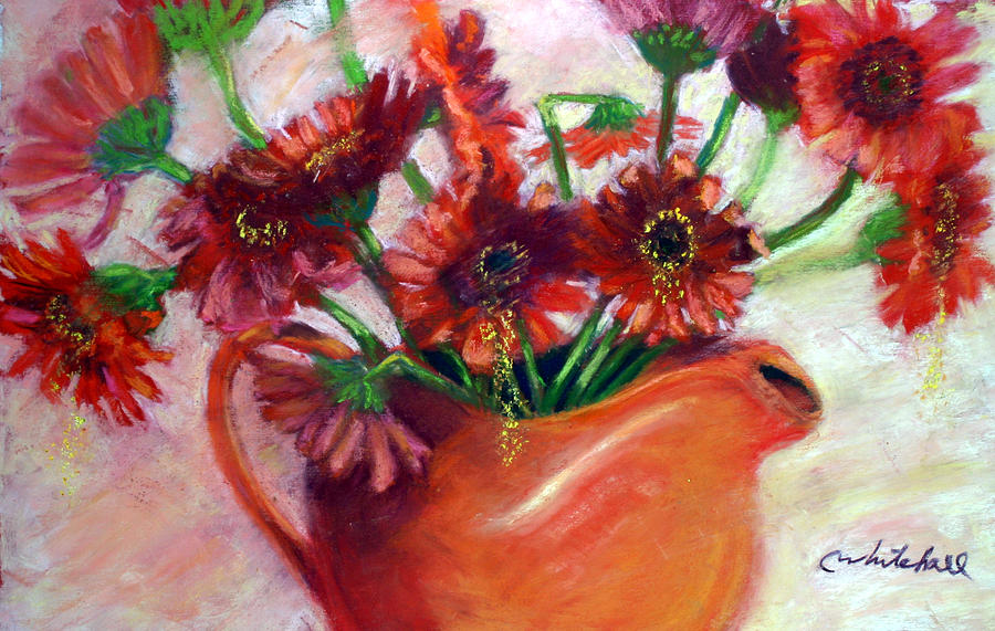 Orange Flowers Orange Pitcher Painting by Cheryl Whitehall