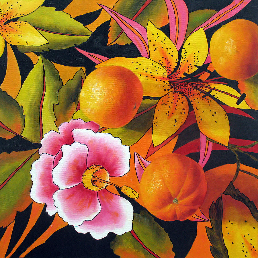 Orange Lily And Hibiscus Painting by Marina Petro