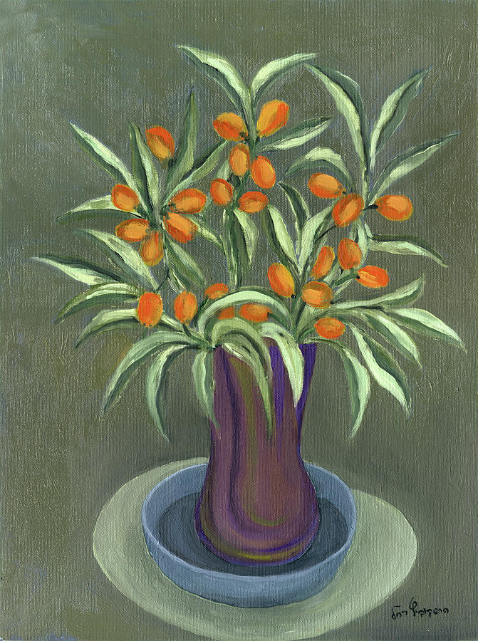 Orange Olives Vase in purple green and a blue plate long leaves  Painting by Rachel Hershkovitz