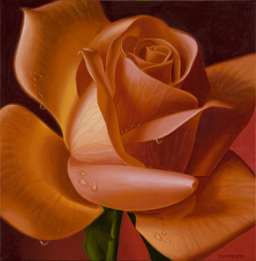 Flower Painting - Orange Rose with Red Background by Tony Chimento