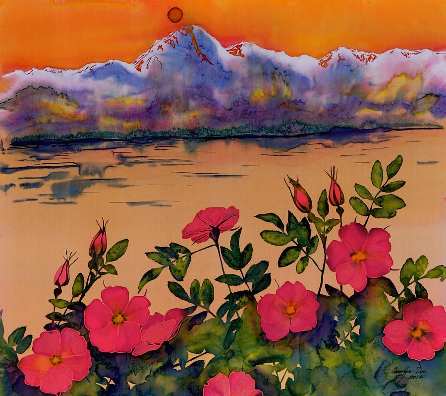 Orange Sun over Wild Roses Tapestry - Textile by Carolyn Doe