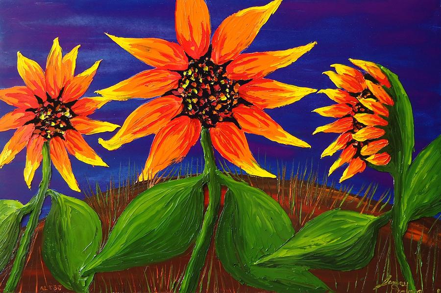 Orange Sunflowers Blue Sky  Painting by James Dunbar