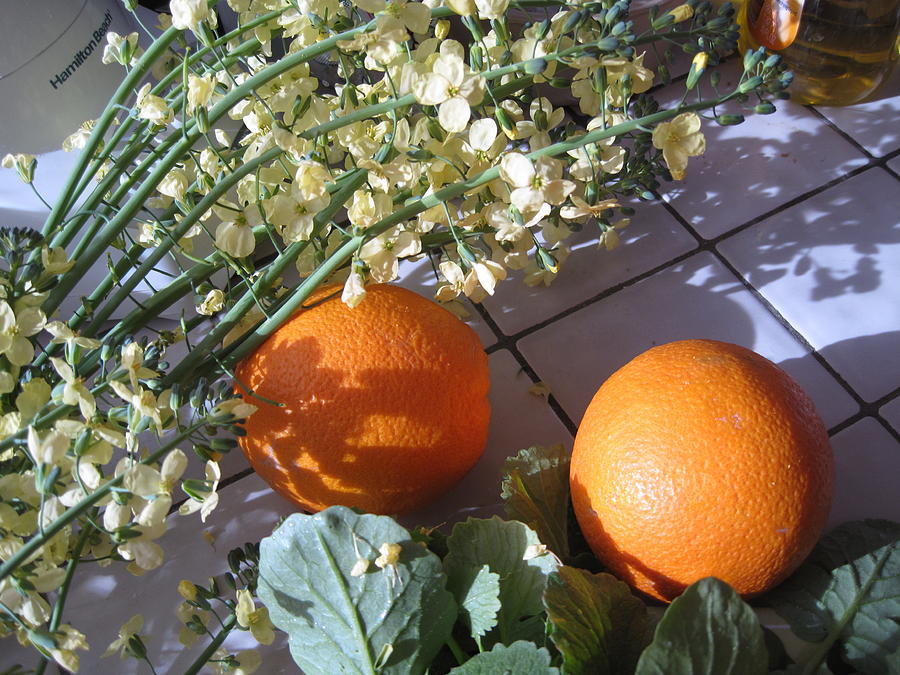 Oranges and Broccoli Blossoms Photograph by Lessandra Grimley