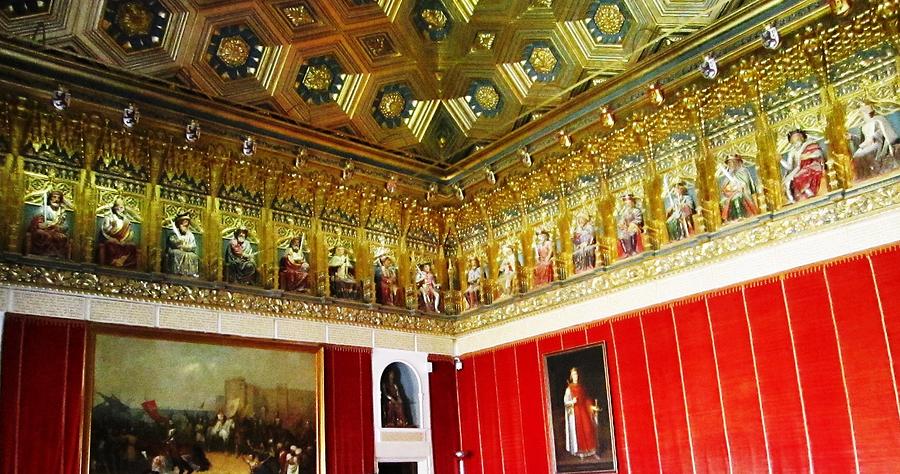 Ornate Hall Golden Ceiling Work of Miniature King Statues Red Wall in Segovia Castle Spain Photograph by John Shiron