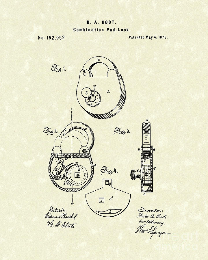 Root Drawing - Pad Lock 1875 Patent Art by Prior Art Design