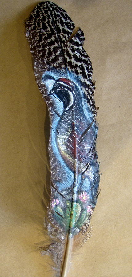 Painted Feather of a Quail Mixed Media by Linda Nielsen