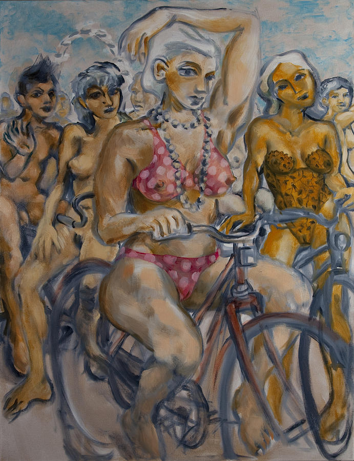Painted ladies on the naked bike ride take a break in view of the London Eye Painting by Peregrine Roskilly