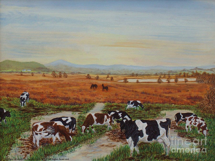 Painting Cows on Cors Caron Tregaron Painting by Edward McNaught-Davis