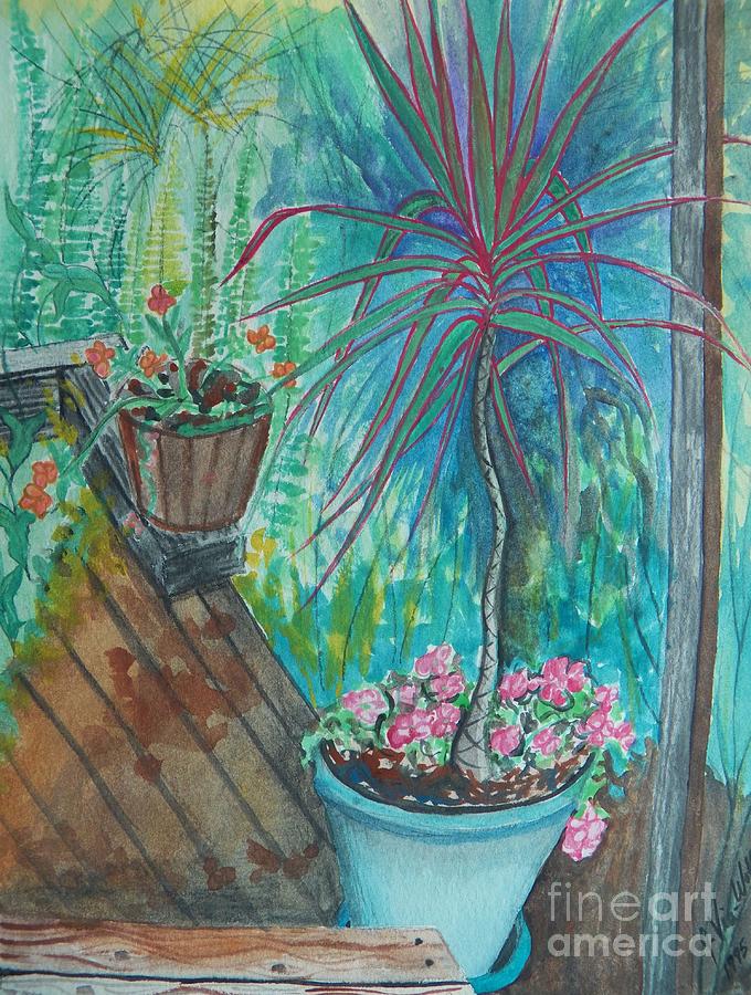 Painting Life Blooms on the Deck Painting by Judy Via-Wolff