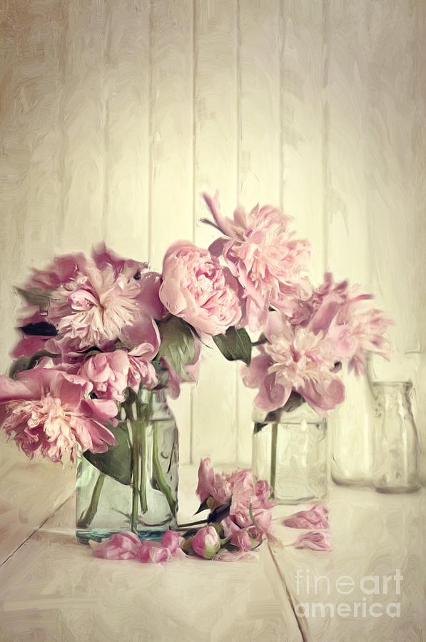 Painting of pink peonies in glass jar/Digital painting   Photograph by Sandra Cunningham