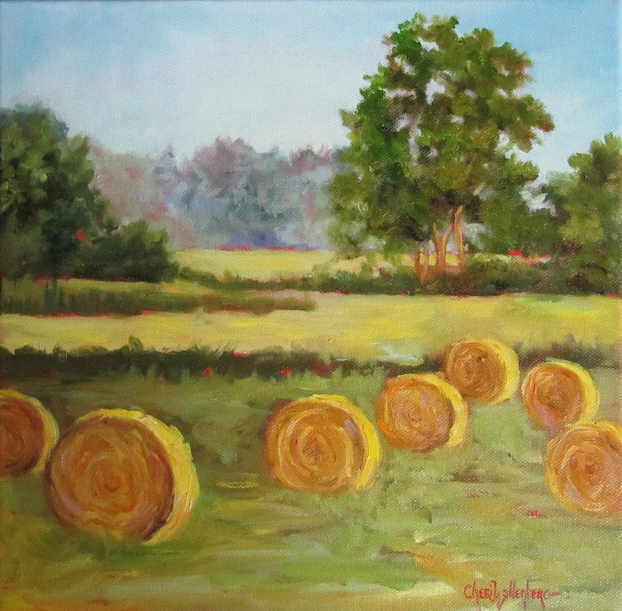 Painting of Round Hay Bales Painting by Cheri Wollenberg