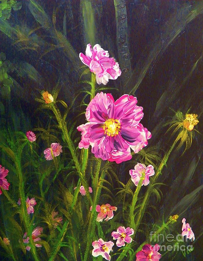 Painting Pink Streaked Cosmos Painting by Judy Via-Wolff