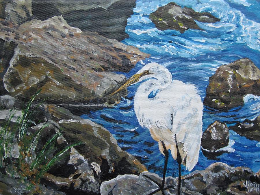 Painting  Sharons Heron on the Rocks Painting by Judy Via-Wolff