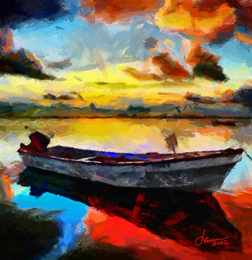 Painting with boat at sunrise TNM Painting by Vincent DiNovici - Fine ...