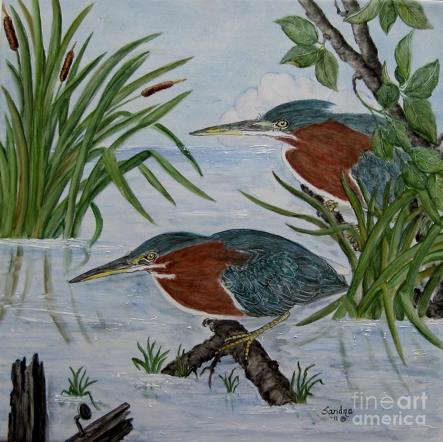 Heron Painting - Pair of Green Heron Waiting for Lunch by Sandra Maddox