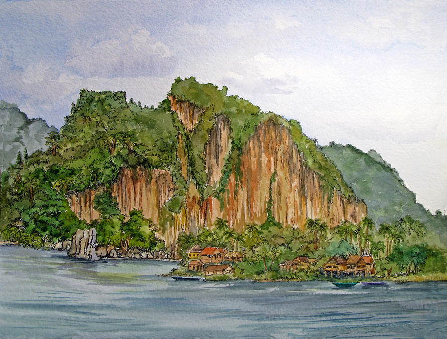 Landscape Painting - Pak Ou Village on the Maekong River by Bonnie Sue Schwartz