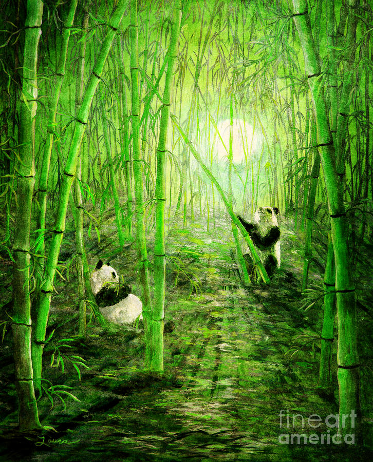 Pandas in Springtime Bamboo Digital Art by Laura Iverson