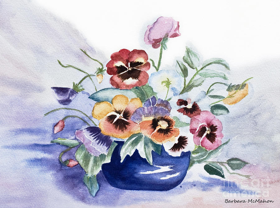Pansies In Blue Pot Painting by Barbara McMahon