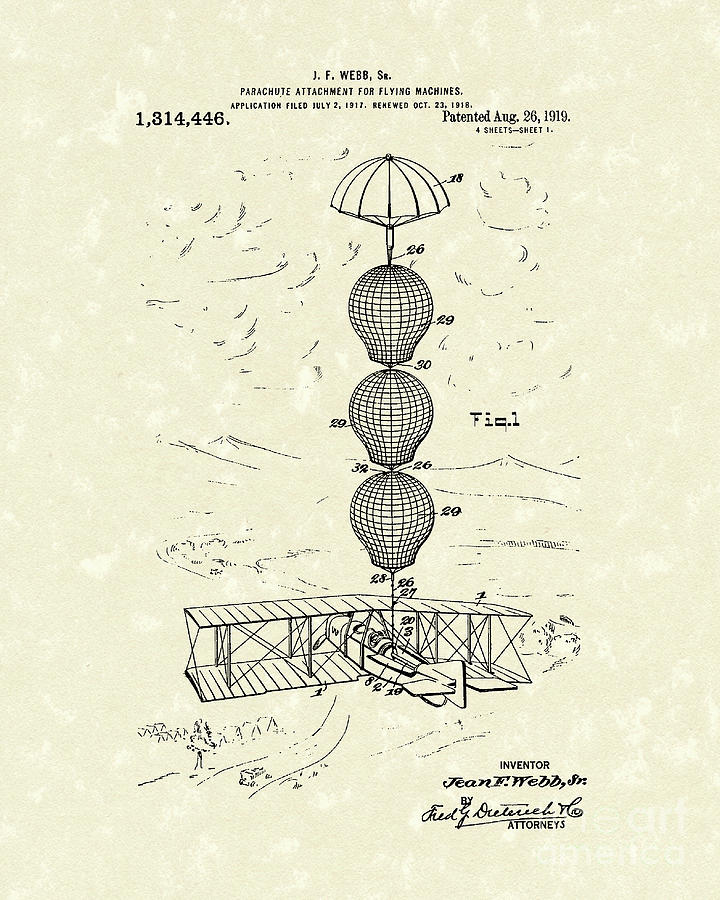Parachute Attachment for Flying Machines 1919 Patent Art Drawing by Prior Art Design