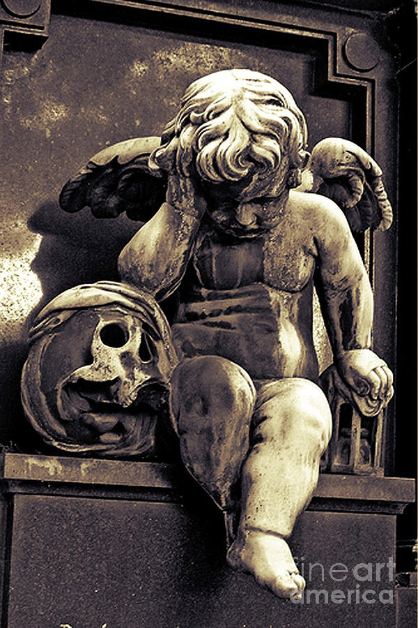 Paris Gothic Angel Cemetery Cherub - Cherub and Skull Pere Lachaise Cemetery Photograph by Kathy Fornal