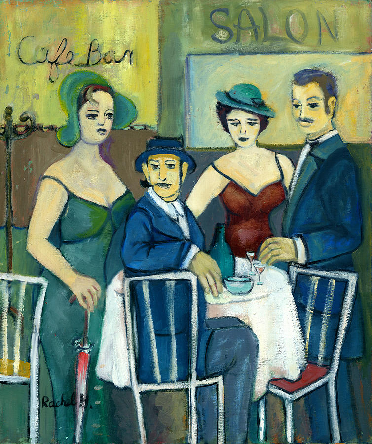 Parisian cafe scene in blue green and brown Painting by Rachel Hershkovitz