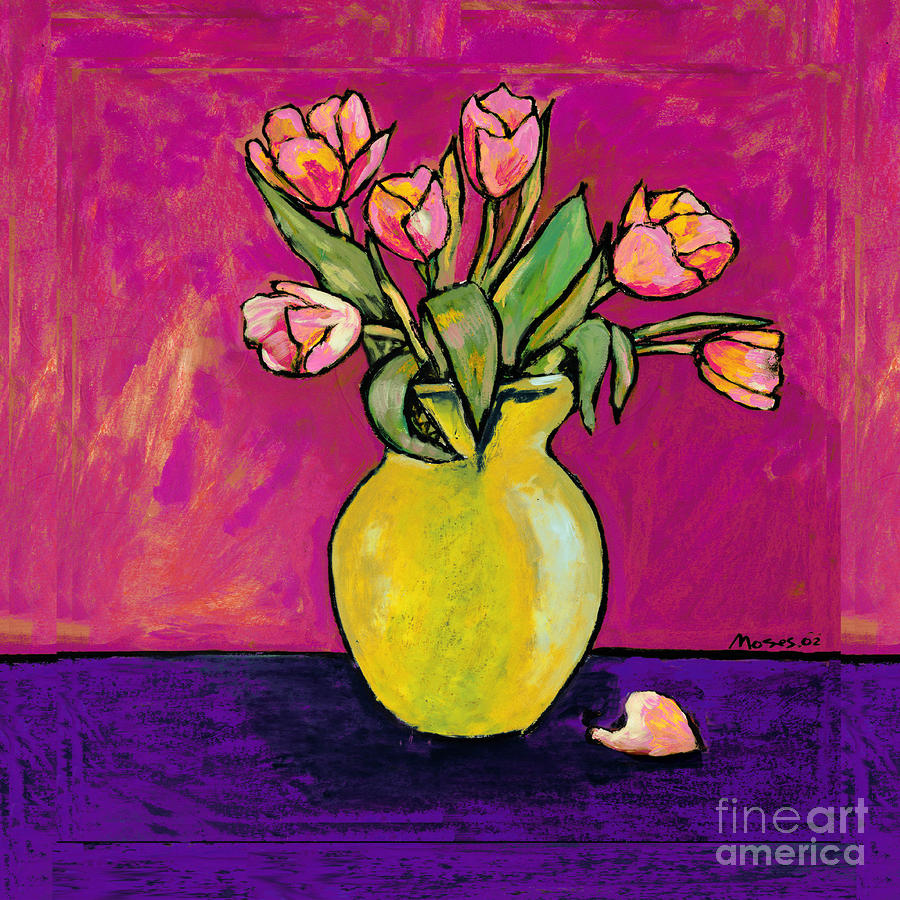 Parrot Tulips In A Yellow Vase Painting by Dale Moses