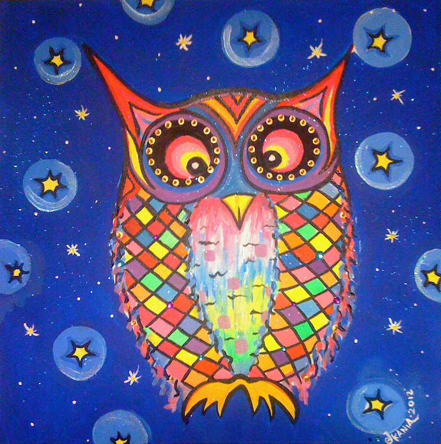 Whimsical Painting - Patchwork Owl Commission Print by Jonathan Kania