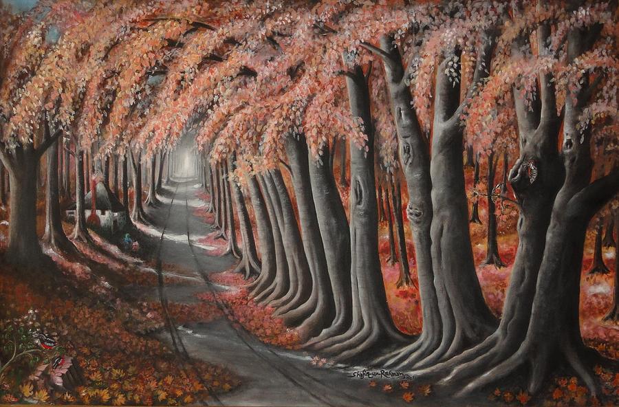 Fall Painting - Pathway through trees by Shafiq-ur-Rehman