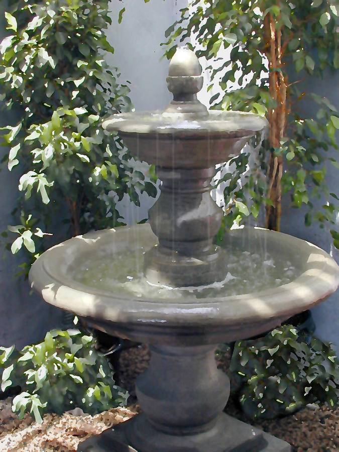 Flower Painting - Peaceful Water Fountain in Shady Courtyard by Elaine Plesser