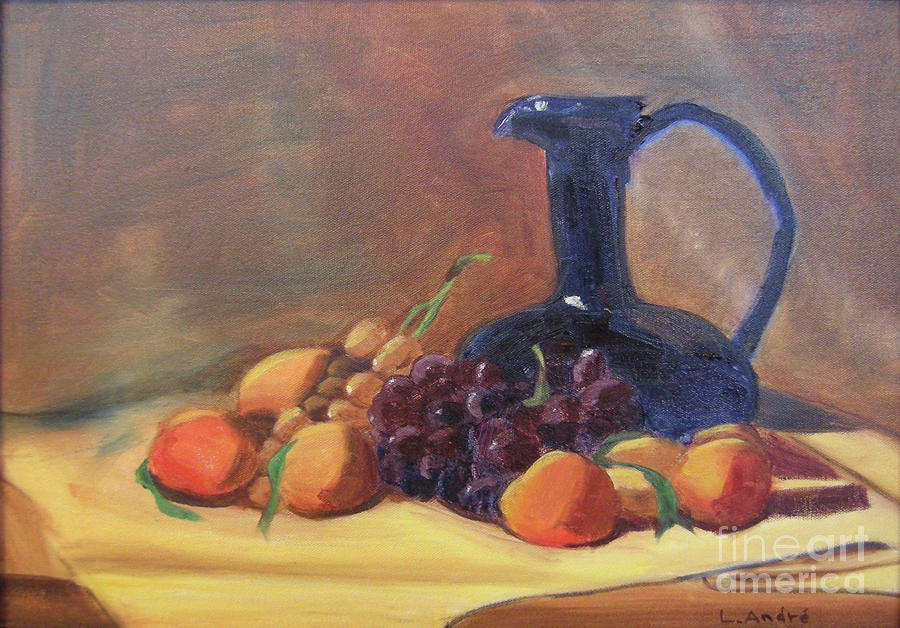 Peaches and Blue Pitcher Painting by Lilibeth Andre