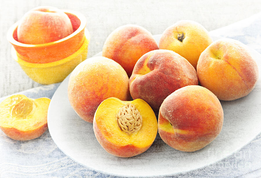 Peaches on plate 2 Photograph by Elena Elisseeva