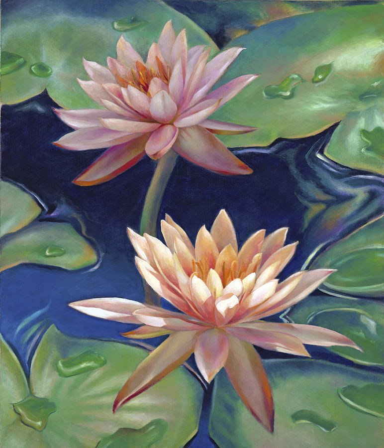 Peachy Pink Nymphaea Water Lilies Painting by Nancy Tilles