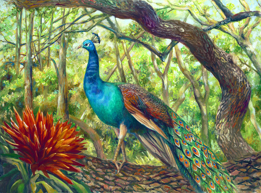 Peacock Perched Painting by Nancy Tilles