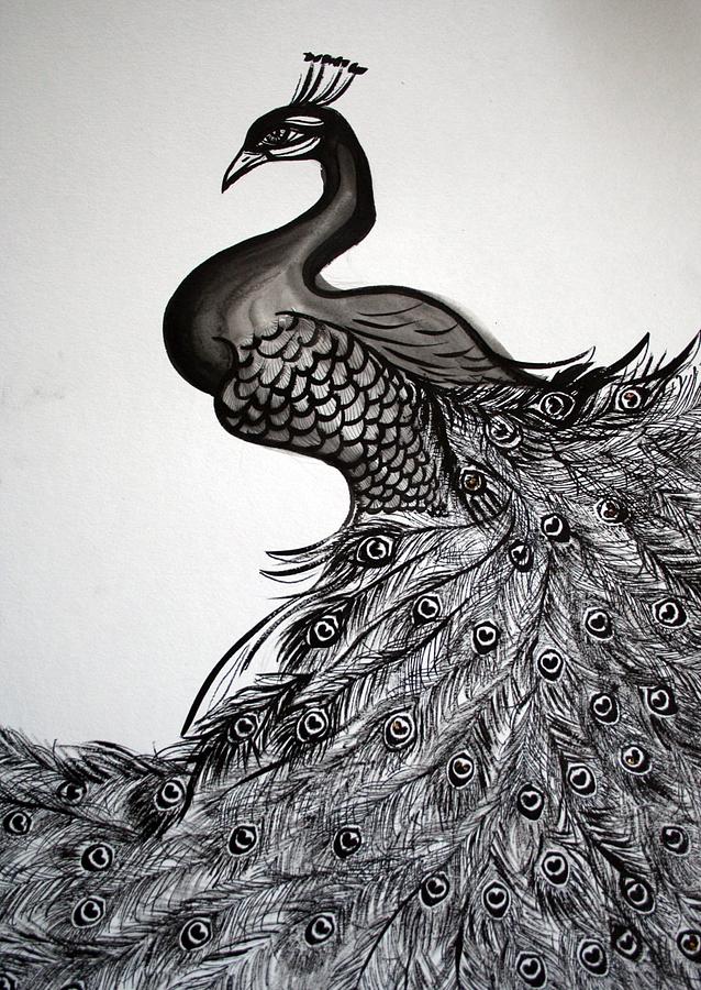 Peacock Sumie Ink Painting by Alma Yamazaki