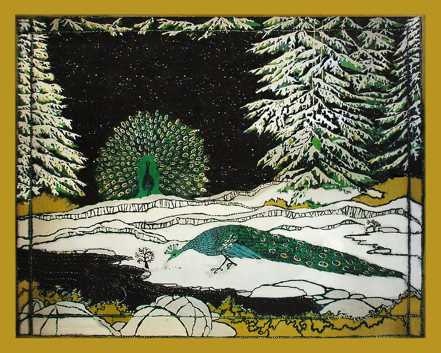 Peacocks Tapestry - Textile - Peacocks in the Snow by Alexandra Sanders Peacocks Tapestry - Textile - Peacocks in the Snow by Alexandra Sanders