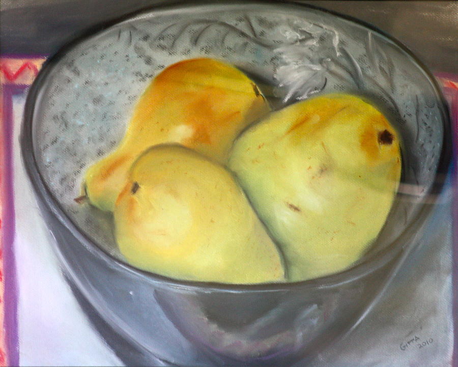 Pears in Blue Bowl Pastel by Gitta Brewster