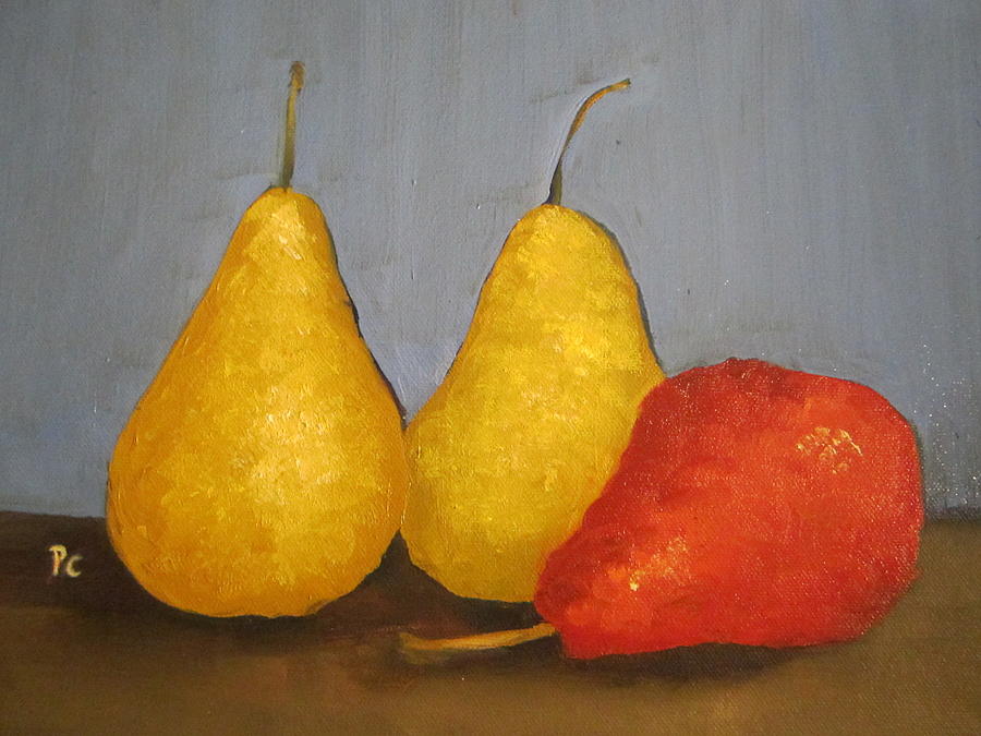 Still Life Painting - Pears on Blue Background by Patricia Cleasby