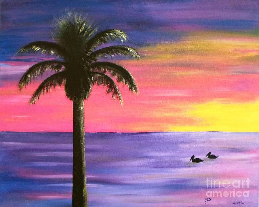Pelican Pair Purple Sunset by Diane Wigstone