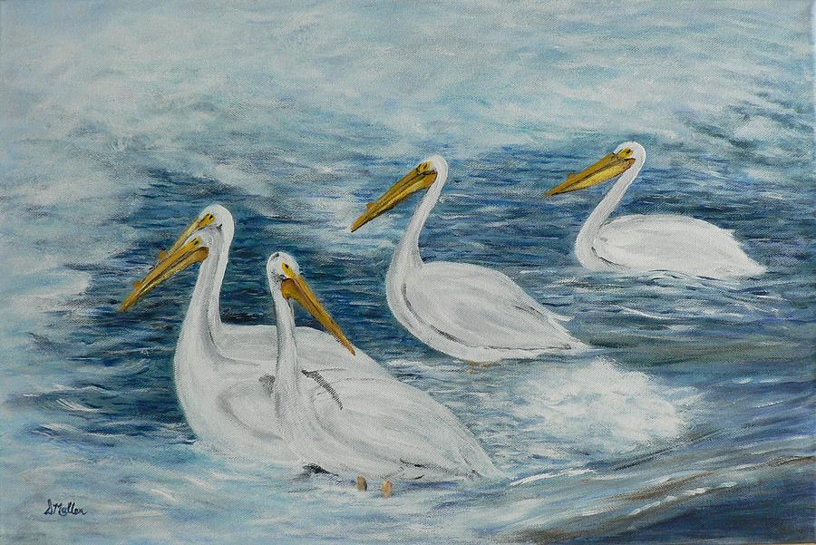 Pelicans Feeding Painting by Donna Muller